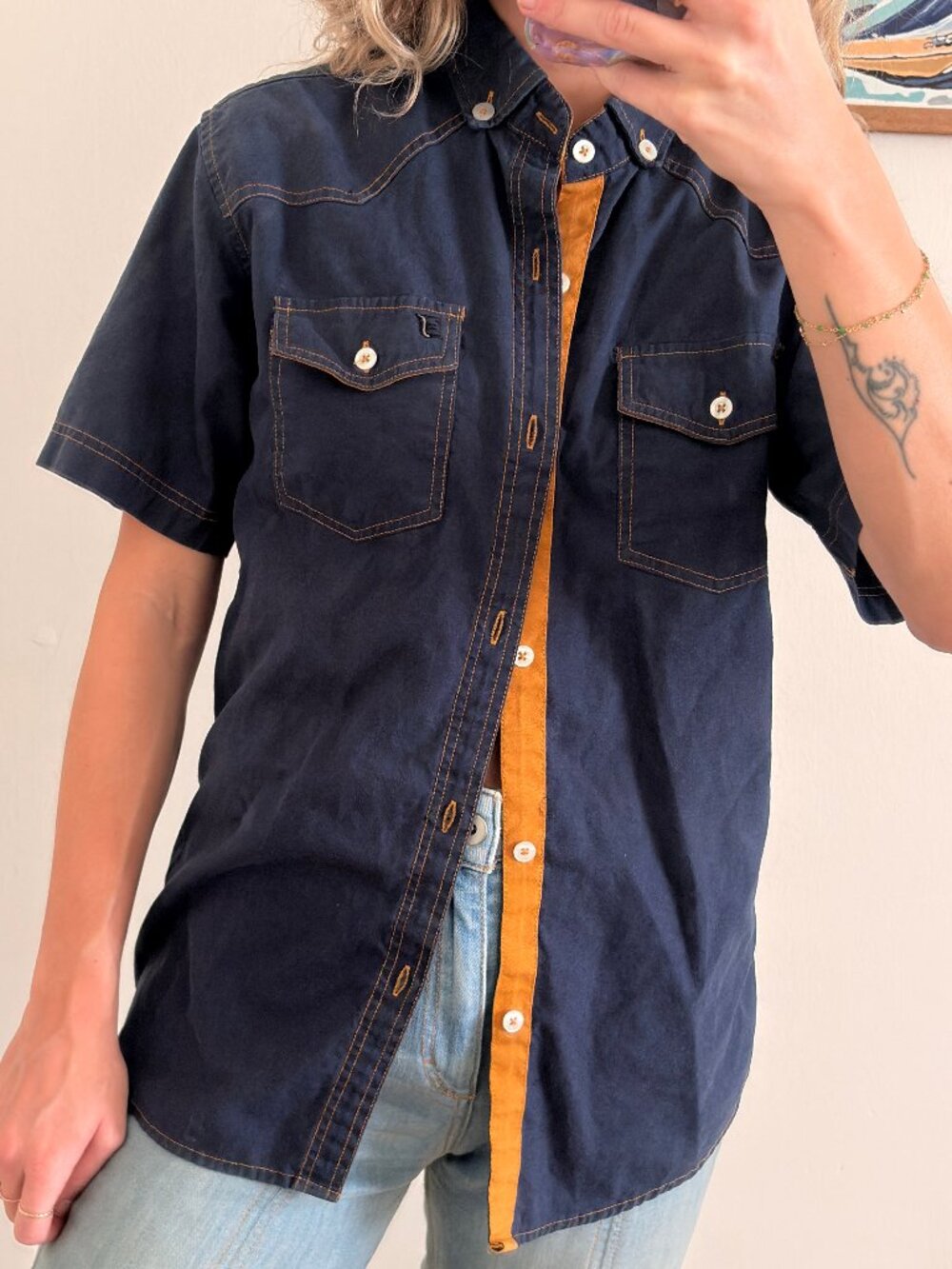 Vintage Justin Western Shirt Short Sleeve Denim Medium (Fits S)